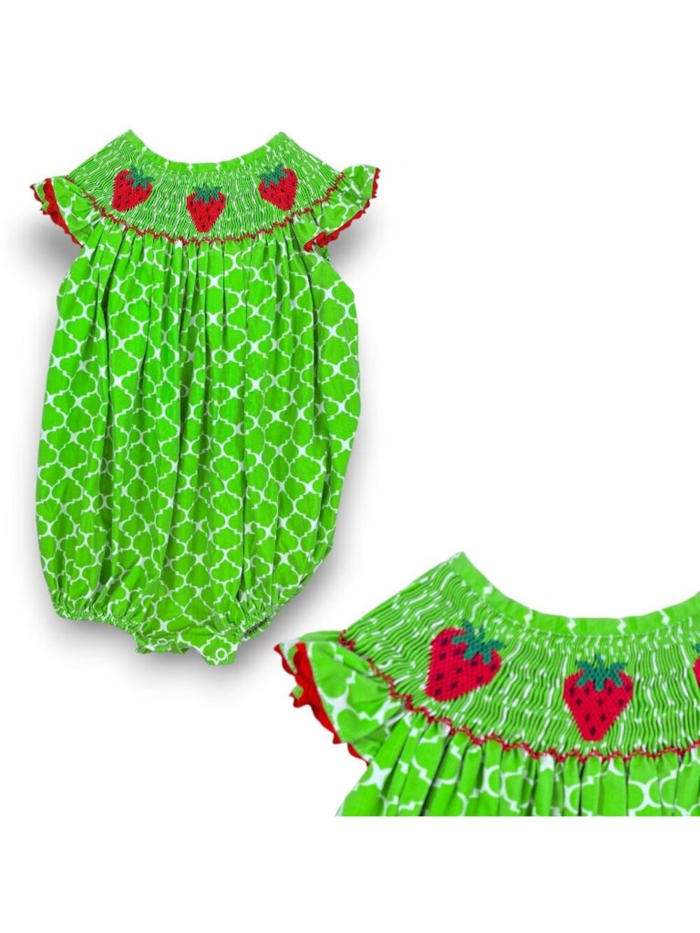 Classic Whimsy Baby Girl Strawberry Flutter Smocked Bubble Romper Outfit 9m